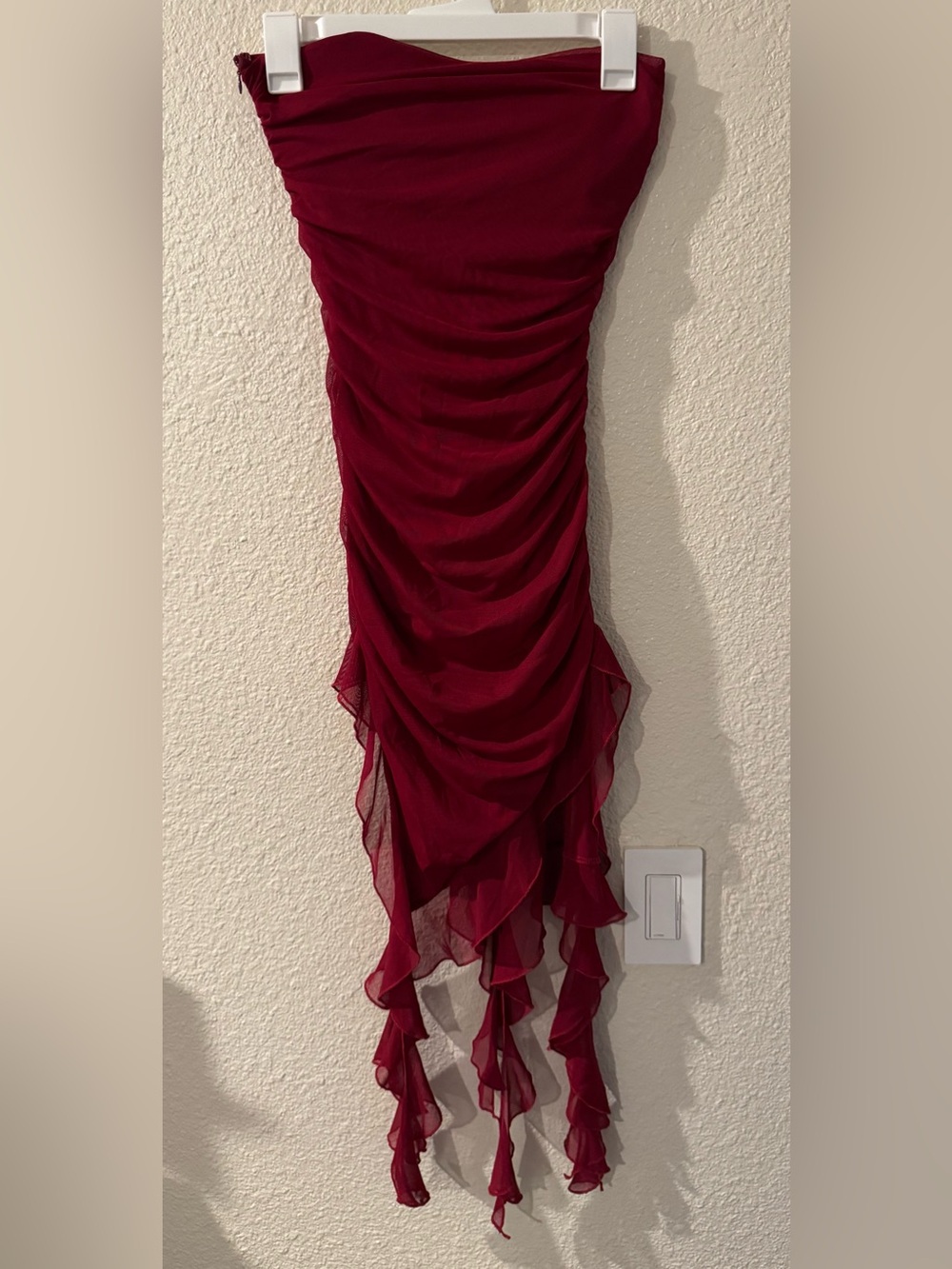 Ruched Burgundy Strapless Mini Dress with Cascading Ruffles
